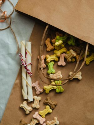 A variety of colorful bone-shaped dog treats spilling from a paper bag onto a textured surface.